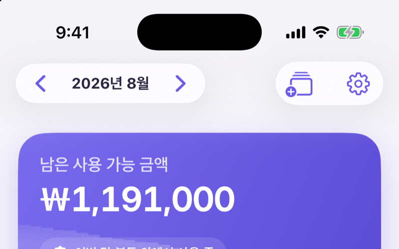 한눈에 보기 화면 윗부분. 남은 사용 가능 금액 1,191,000원이 크게 놓이고, 그 아래로 전체 예산 3,000,000원과 일반 지출 1,139,000원이 이어진다.