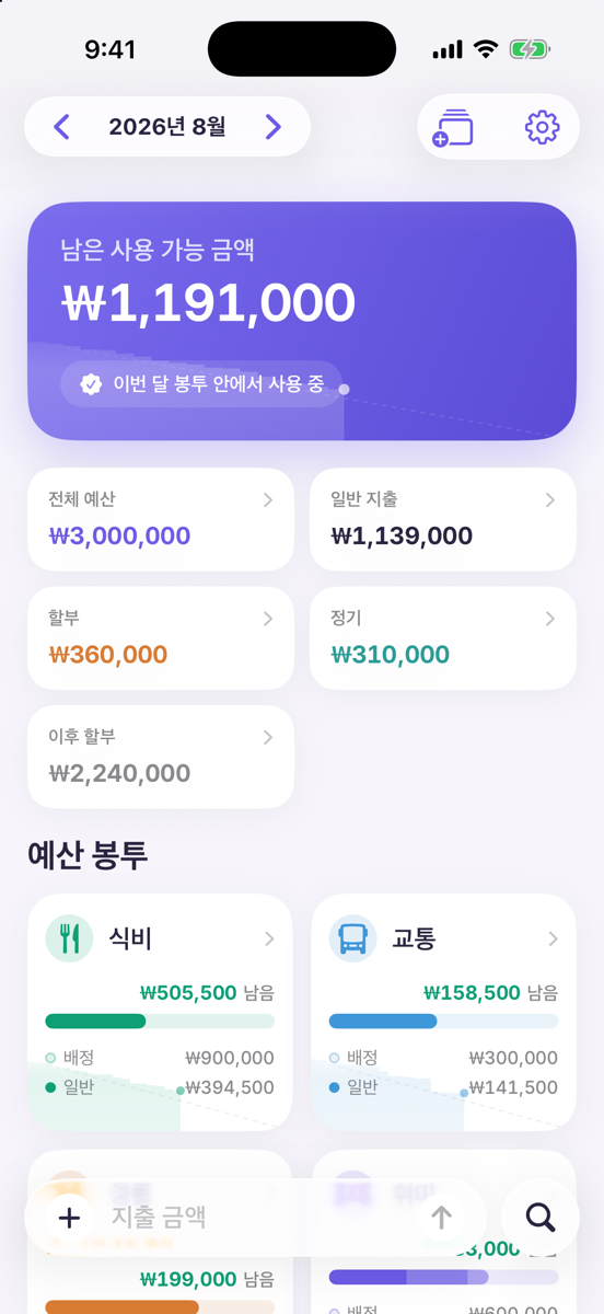 한눈에 보기 화면. 남은 사용 가능 금액 1,191,000원 아래에 전체 예산 3,000,000원, 일반 지출 1,139,000원, 할부 360,000원, 정기 310,000원, 이후 할부 2,240,000원이 나뉘어 있고, 그 아래로 식비와 교통 봉투 카드가 이어진다.